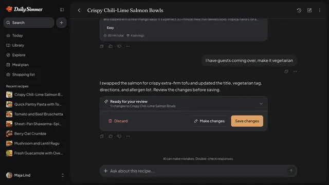 A cook asks Simmer to make a chili-lime salmon bowl recipe vegetarian for guests, and Simmer swaps the salmon for tofu and holds the changes for review before they save.