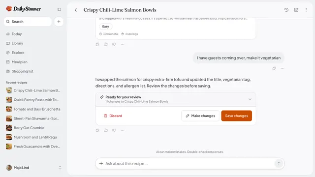 A cook asks Simmer to make a chili-lime salmon bowl recipe vegetarian for guests, and Simmer swaps the salmon for tofu and holds the changes for review before they save.