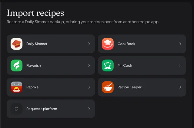The Daily Simmer import page listing CookBook, Flavorish, Mr. Cook, Paprika, Recipe Keeper, and a Daily Simmer backup.
