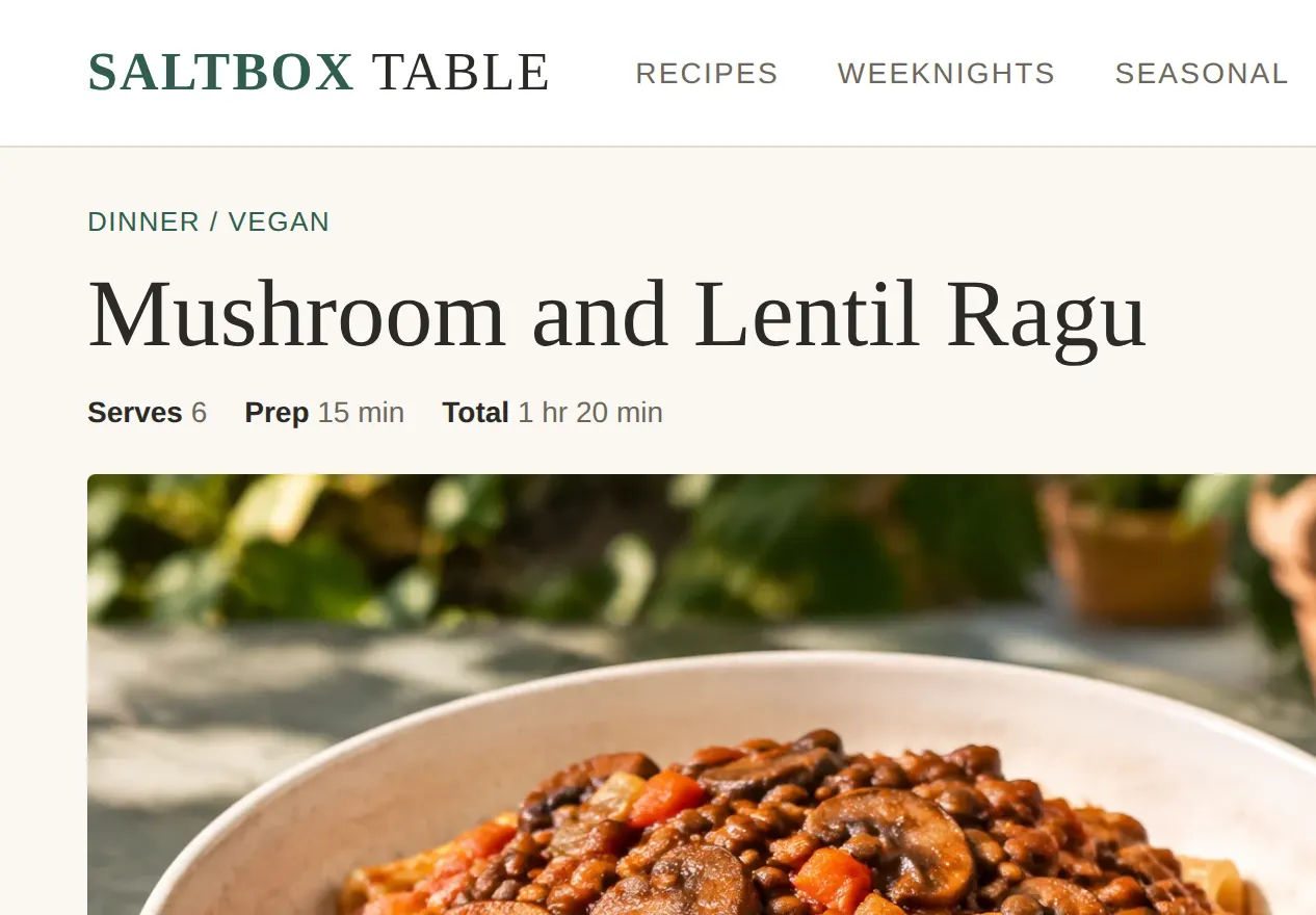 A recipe page for Mushroom and Lentil Ragu on a recipe website.