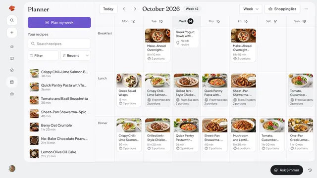 A Daily Simmer week plan with dinner every day and lunch on most days, mostly the previous night's leftovers, plus two overnight oats breakfasts and a breakfast idea that still needs a recipe.