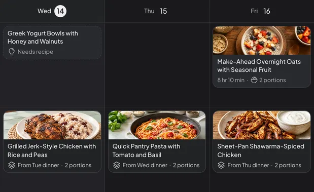 Wednesday to Friday of a Daily Simmer week plan: a breakfast idea that still needs a recipe, overnight oats on Friday, and each lunch kept from the previous night's dinner.