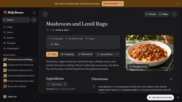A mushroom and lentil ragu imported into Daily Simmer from a recipe site, with its source credit, timing, servings, ingredients, and steps.