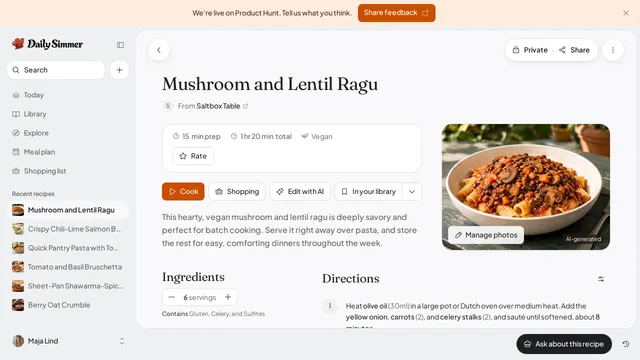 A mushroom and lentil ragu imported into Daily Simmer from a recipe site, with its source credit, timing, servings, ingredients, and steps.