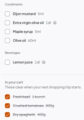 A Daily Simmer shopping list grouped by aisle, with three items checked off into the cart.