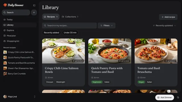A Daily Simmer recipe library with chili-lime salmon bowls, a quick pantry pasta, tomato bruschetta, and more.