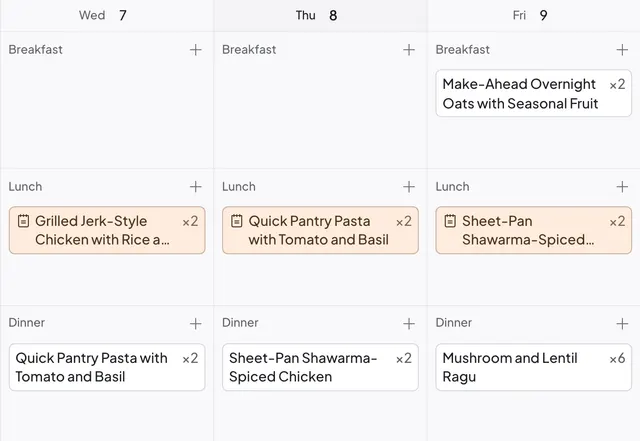 A Daily Simmer week plan with lunch and dinner on most days and two breakfasts, with each dinner's leftovers kept for the next day's lunch.