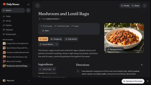 A mushroom and lentil ragu imported into Daily Simmer from a recipe site, with its source credit, timing, servings, ingredients, and steps.