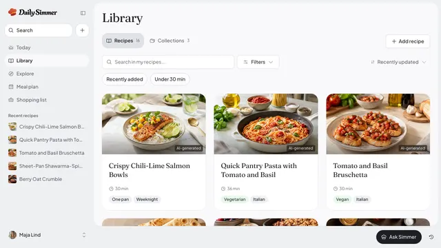 A Daily Simmer recipe library with chili-lime salmon bowls, a quick pantry pasta, tomato bruschetta, and more.