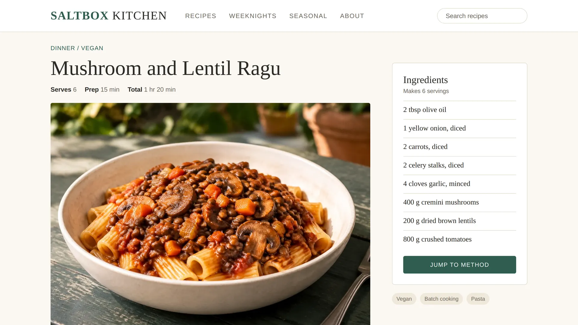 A recipe page for Mushroom and Lentil Ragu on a recipe website.
