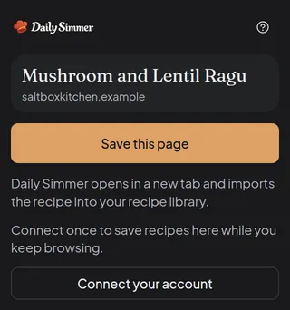 The Daily Simmer extension before connecting, offering to save the page or connect the account.