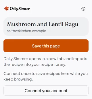 The Daily Simmer extension before connecting, offering to save the page or connect the account.