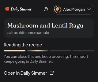 The Daily Simmer extension following the import of the recipe step by step.