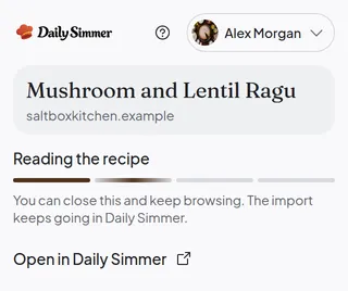The Daily Simmer extension following the import of the recipe step by step.