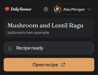 The Daily Simmer extension with the imported recipe ready to open.