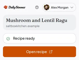 The Daily Simmer extension with the imported recipe ready to open.