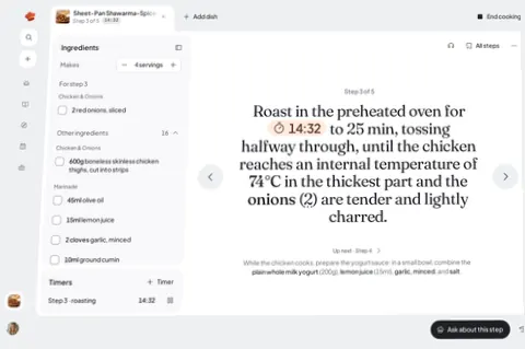 Daily Simmer cooking mode on step 3 of a sheet-pan shawarma chicken, with the roast timer running at 14:32 and the next step below.