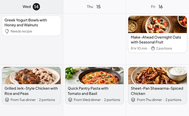 Wednesday to Friday of a Daily Simmer week plan: a breakfast idea that still needs a recipe, overnight oats on Friday, and each lunch kept from the previous night's dinner.